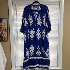 Umgee Royal Blue Maxi Dress with White Embroidery